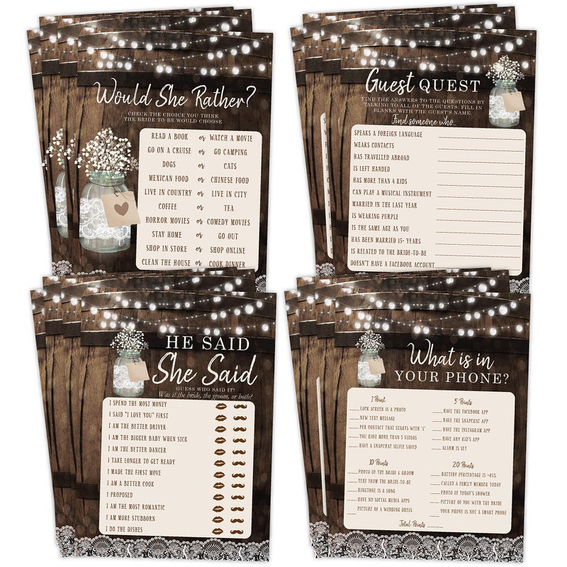 Your Main Event Prints Bridal Shower Bachelorette Games, Rustic Wood Barrel Mason Jar, He Said She Said, Find The Guest Quest, Would She Rather, Phone Game, 25 games each - Image 1